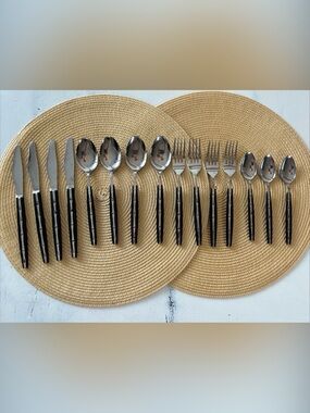 VTG Lifetime Cutlery Japan 15 pc Bamboo Inset Black Handle 7Spoons4Knives4Forks